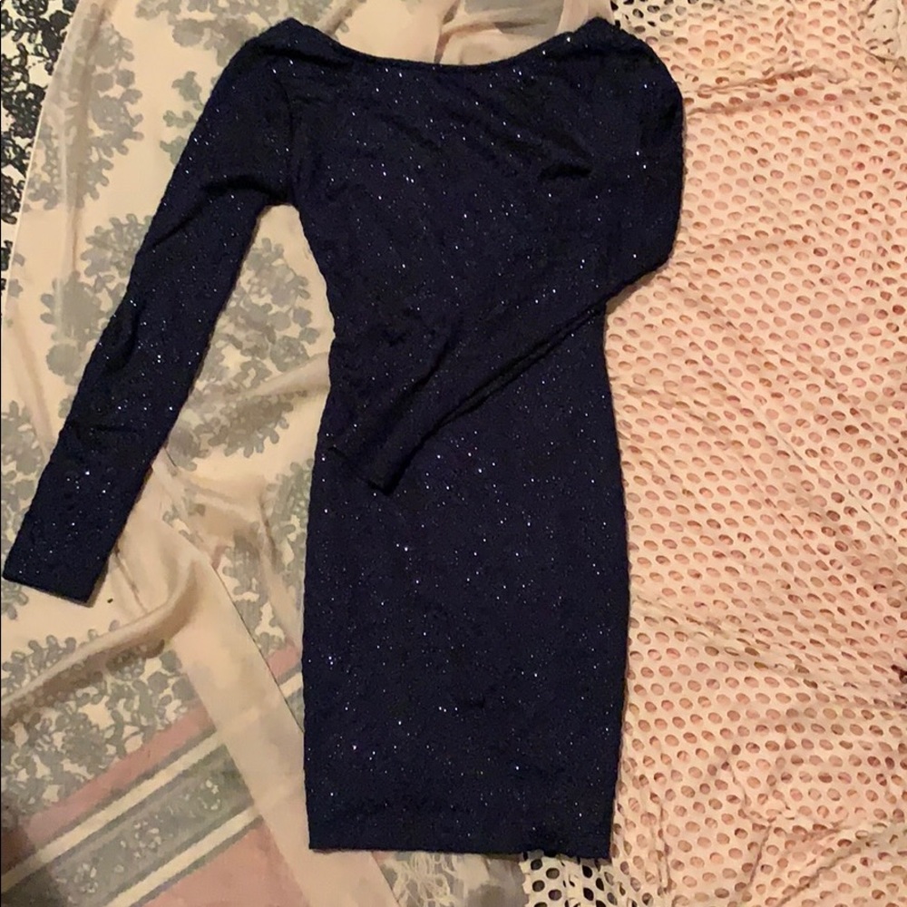 Sparkly blue body con dress front and back